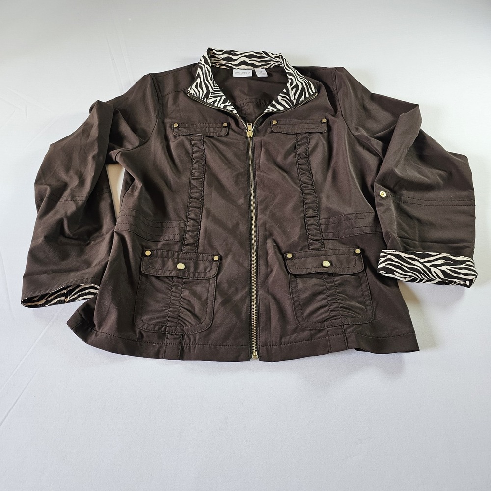 Chicos Zenergy Womens Jacket Size 0 (Small) Chocolate Brown‎ Zebra Accents Zip